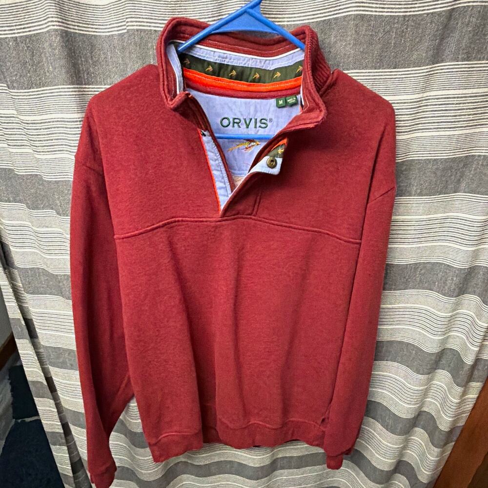 Orvis Men's Red Fleece Mock Neck Quarter Button Pullover Sweatshirt Size M